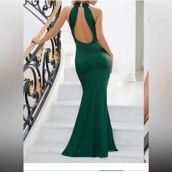 Green satin floor length dress - Picture 3 of 4